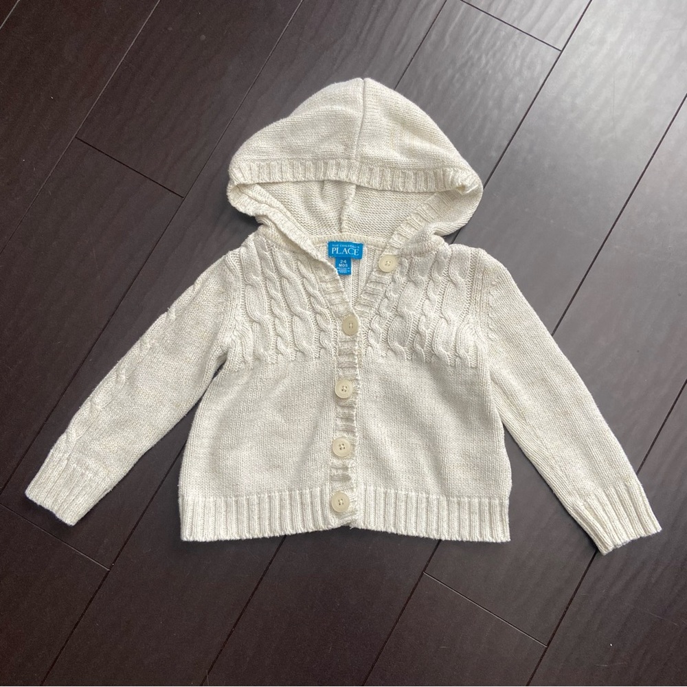 The Children’s Place cable knit button cardigan with hood size 24M EUC